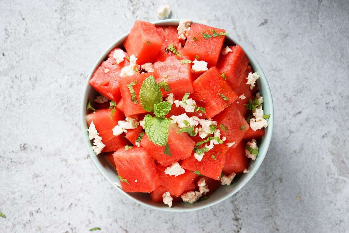 watermelon-feta Watermelon and feta salad in a bowl
